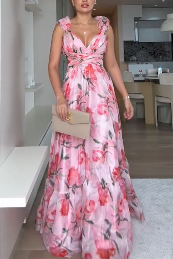 Whimsy Grace Tulle Ruffle Detail Back Lace-up Pleated Maxi Dress