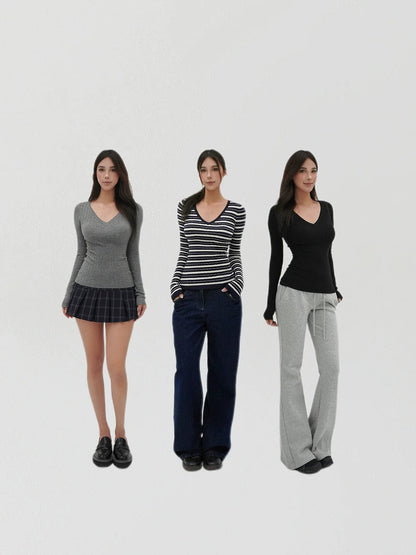 Low V-neck Slim-fit Long Sleeve Sweater