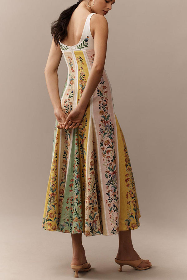 Sweet Garden Linen Blend Color Block Paneled Maxi Dress