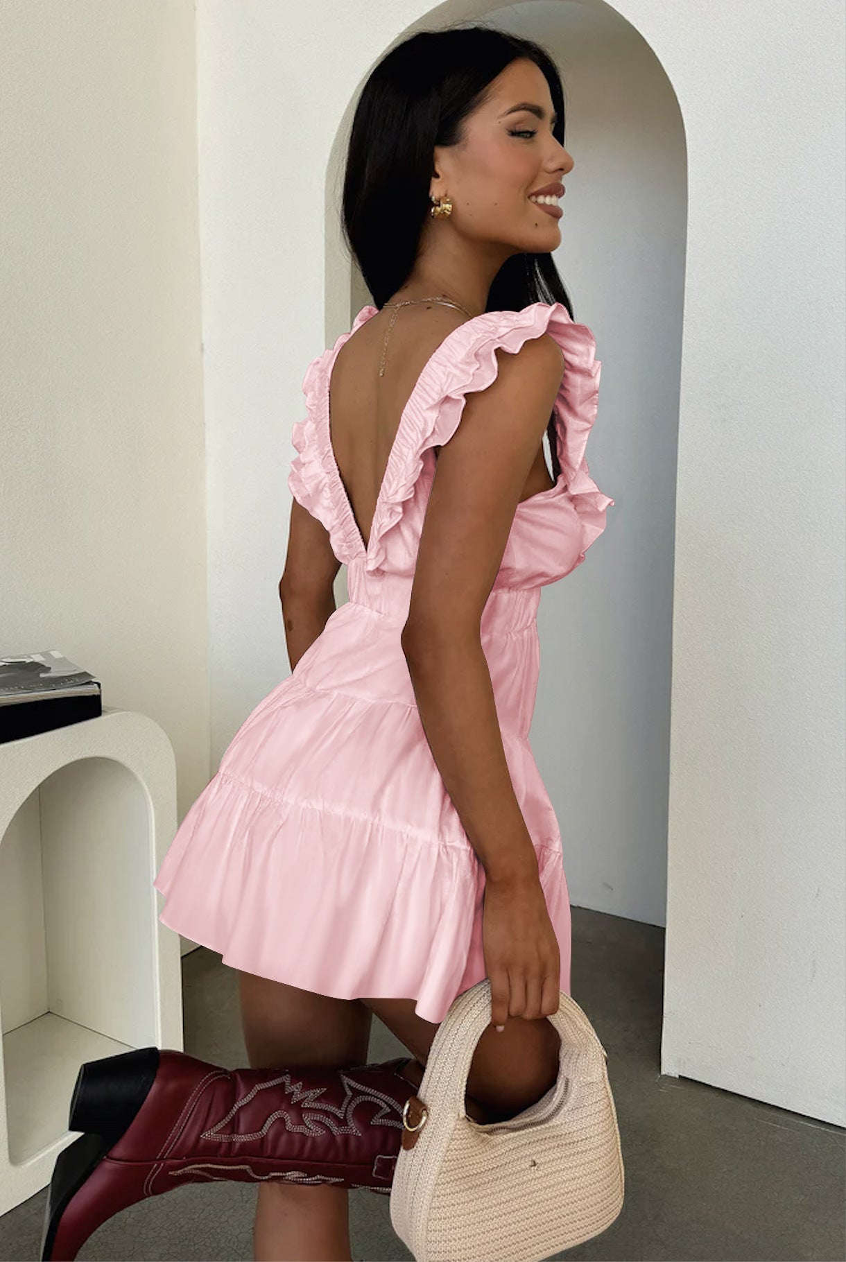 Sleeveless Deep V Ruffle Mini Dress