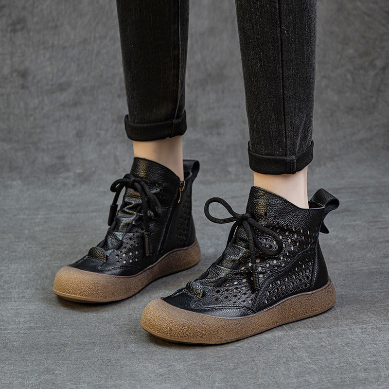Layer Cowhide Hollow Flat Soft Bottom Boots