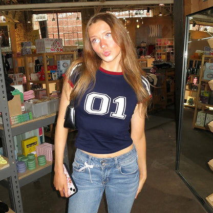 American Street Style Digital Print Contrast Color Short-sleeved T-shirt for