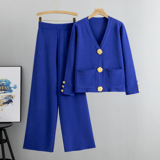 Knitted Cardigan Sweater Two Piece Set - Blue