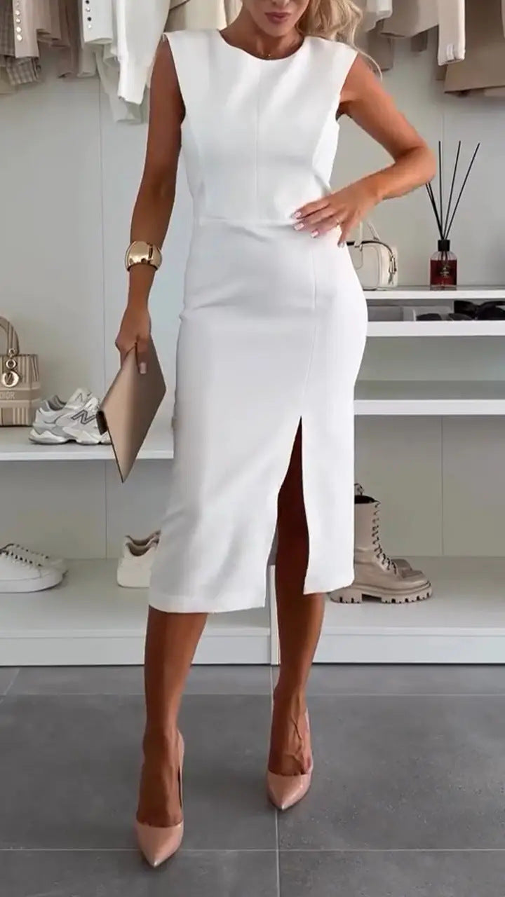 Charming Lady Color Round Neck Sleeveless Waisted Slit Stretch Midi Dress