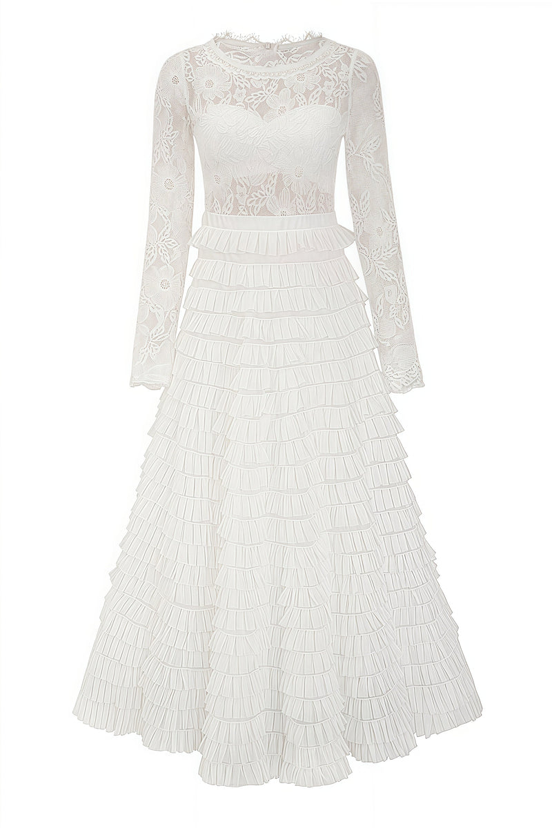 Yuio White Hollow Lace A-line Maxi Dress