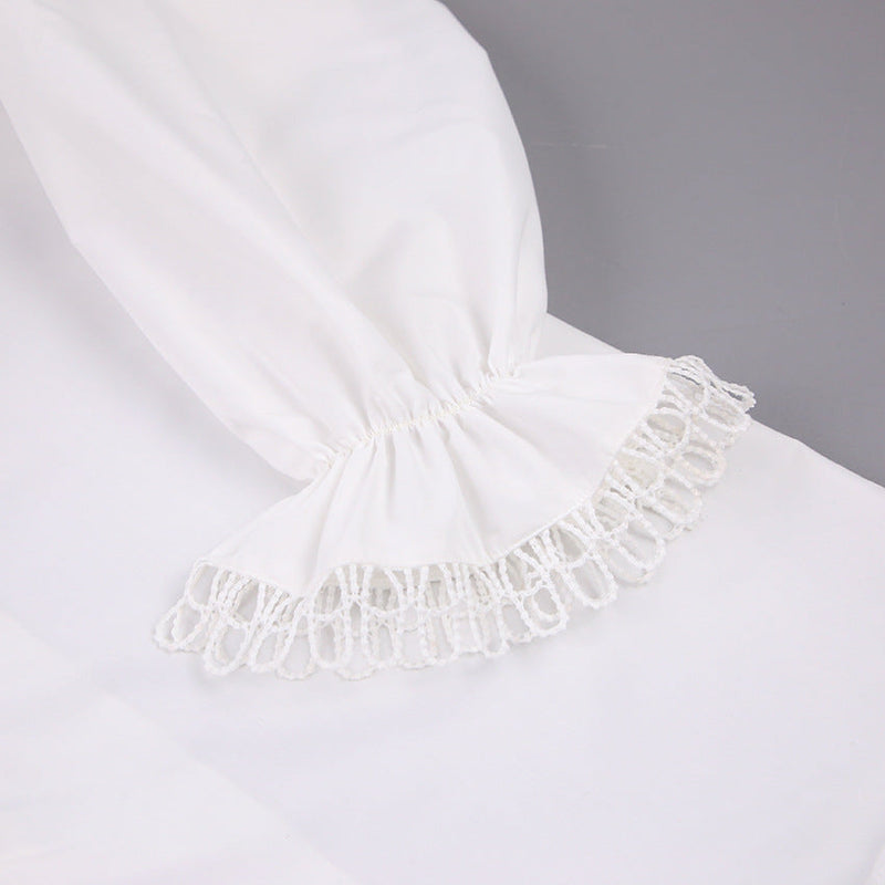 Ruffled Deep V-neck Lace Trim Blouse