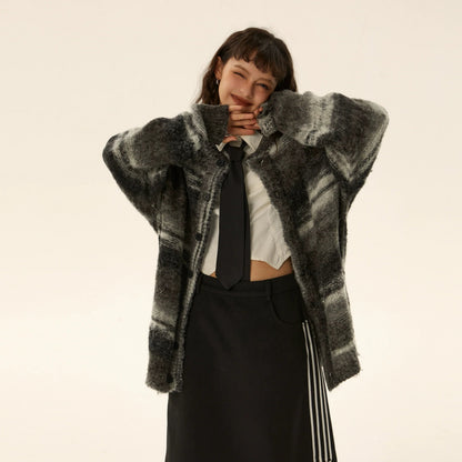Oversized Fuzzy Striped Button-up Cardigan