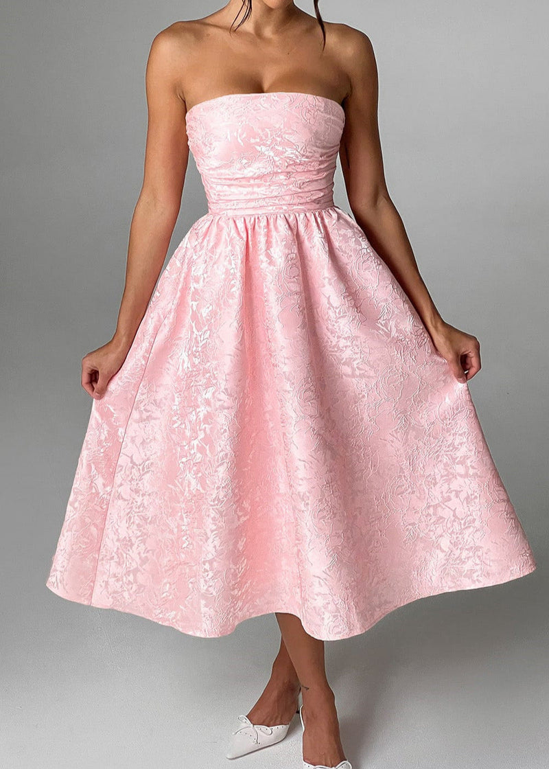 Blush Rosette – Strapless Jacquard Midi Dress With Corset Back