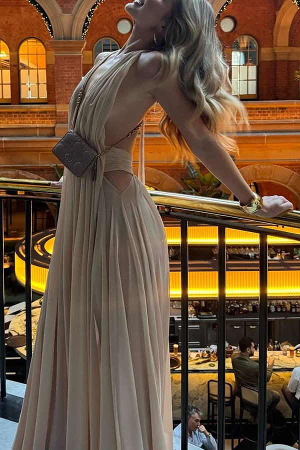 Ethereal Moment Tulle Cutout Ruched Waist Backless Halter Maxi Dress
