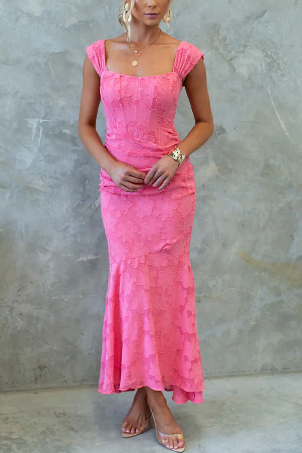 Unreal Beauty Textured Material Ruched Fishtail Maxi Dress