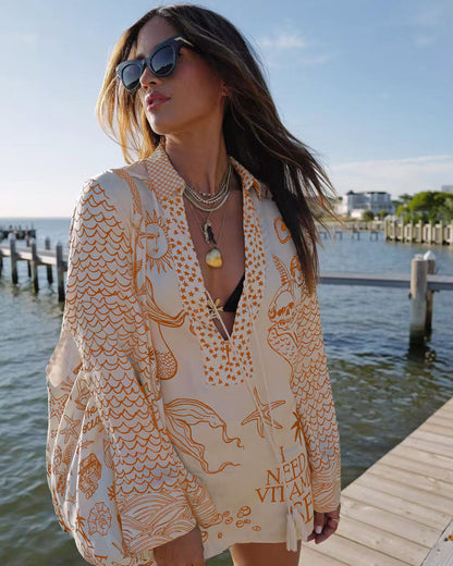 ' Wealthy Satin Unique Printed Tassel Shirt and Elastic Waist Shorts Set