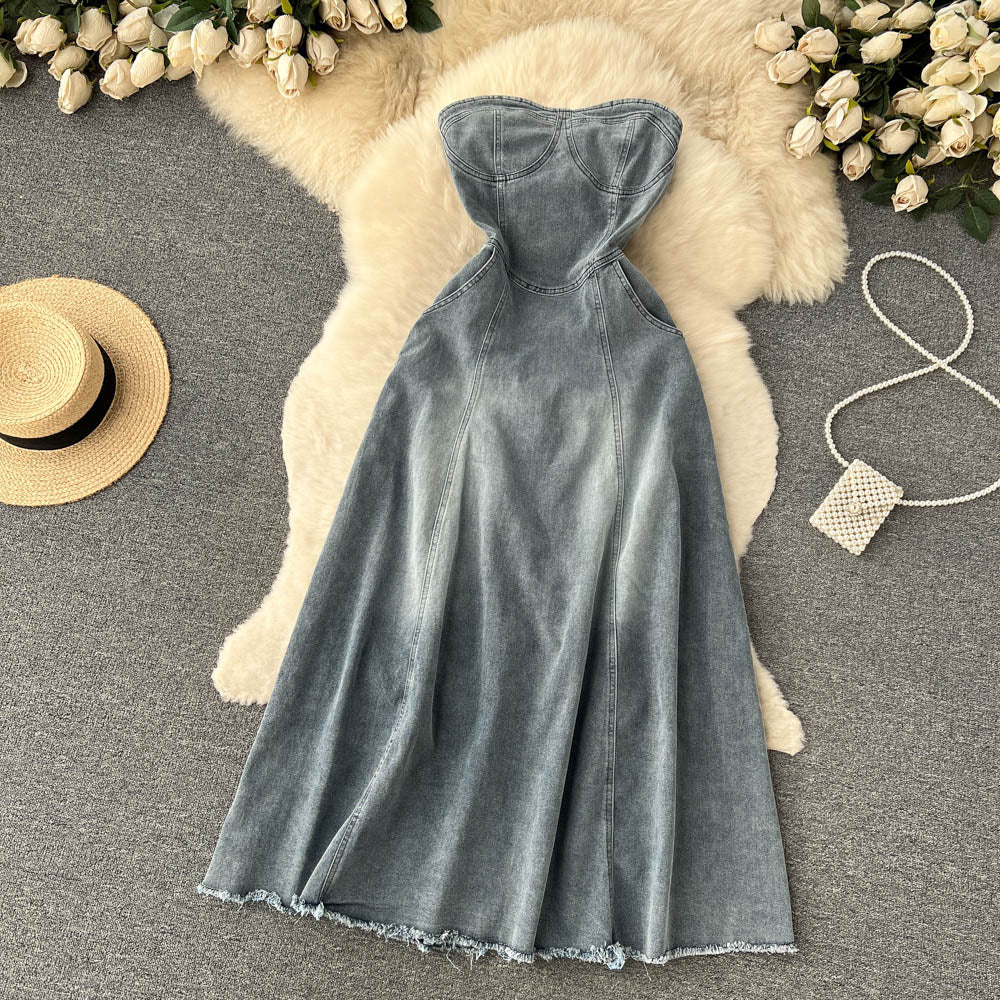 Hot Girl Retro Denim Skirt A-line Long Dress P125