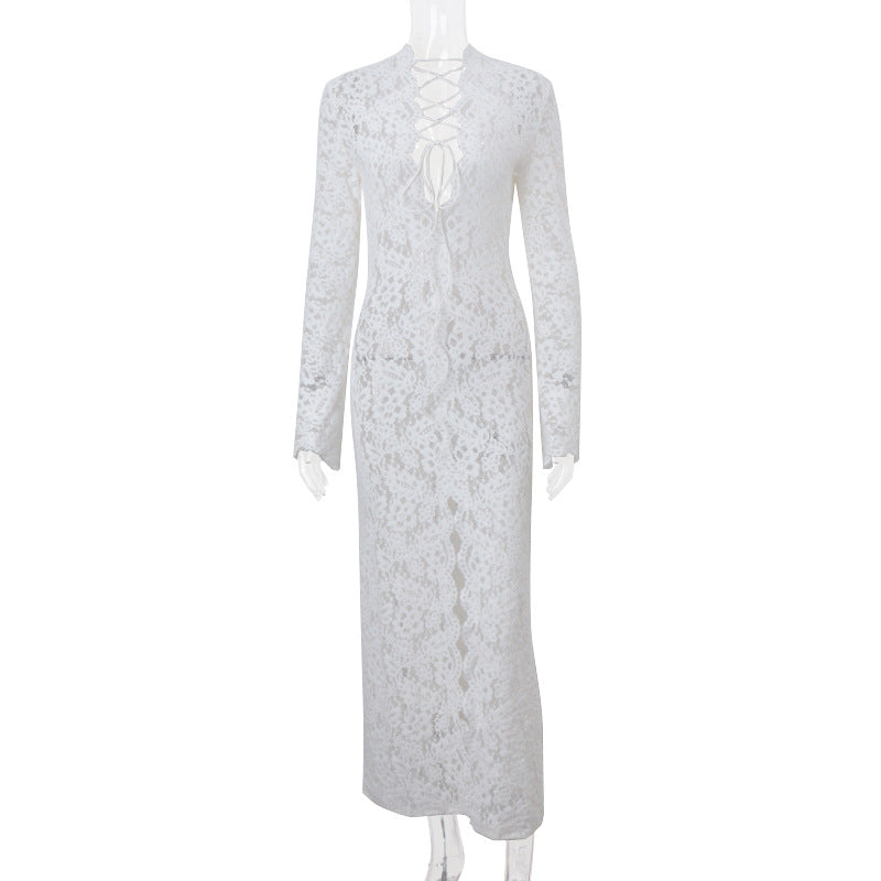 Garcelle Lace Lace-up Long Bell Sleeve Slit Midi Dress