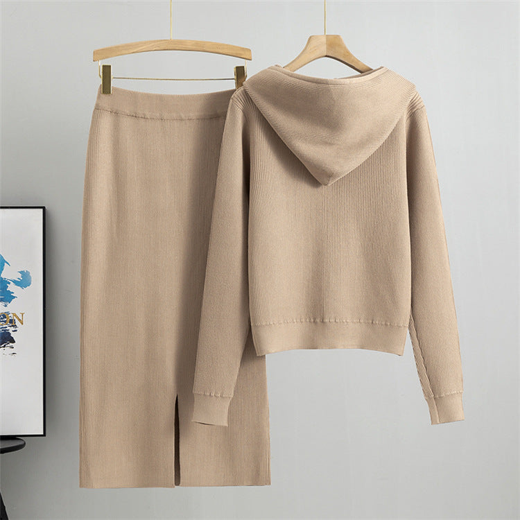 Khaki - Knitted Cardigan & Sweater Two Piece Set