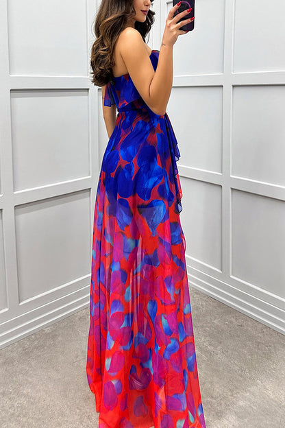 Fashionable Party Gradient Unique Printed Flowing Layered Pleated Strapless Slim Fit Long Skirt