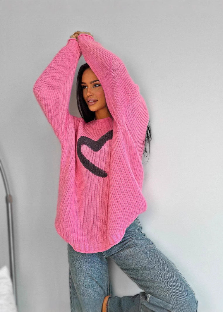 Amora - Oversized Knit Sweater With Heart Detail