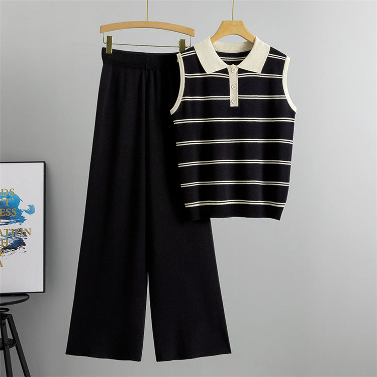 Black - Lapelless Knitted Sleeveless Vest Two Piece Set