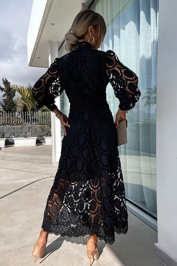French Party Sensual Party Crochet Lace Lantern Sleeves Party Midi Skirt