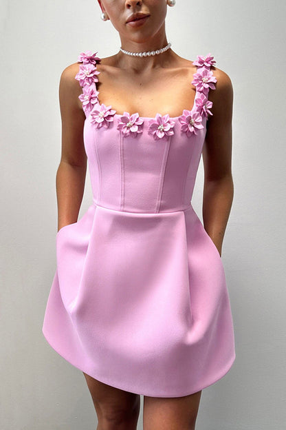 Party Outfit, Pearl Flower Decal, Square Strapless, Collar, Pocket, Mini Dress