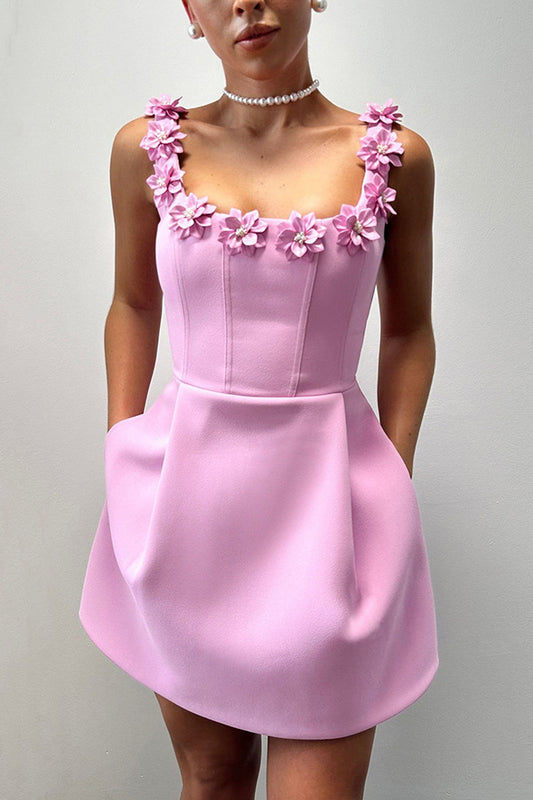 Party Outfit, Pearl Flower Decal, Square Strapless, Collar, Pocket, Mini Dress