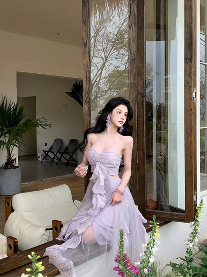 Strapless Purple Tulle Maxi Dress _ Summer Beach Vacation Outfit