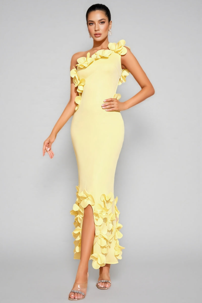 Zalia Yellow One-shoulder 3d Maxi Dress