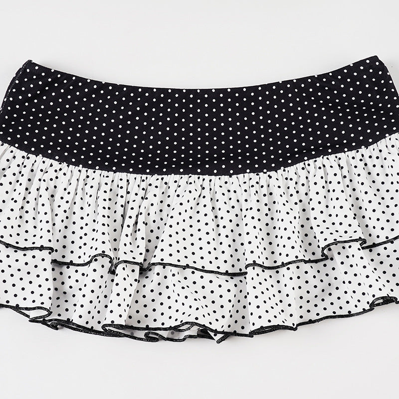 Polka Dot Patchwork Color Block Tiered Slim Mini Skirt