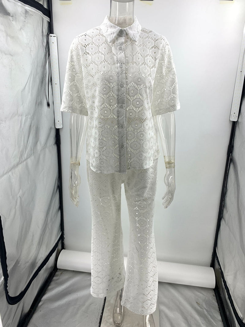 Holiday Crochet Flowers Lace Short Sleeve Shirt and Elastic Waist Wide Leg Pants Set