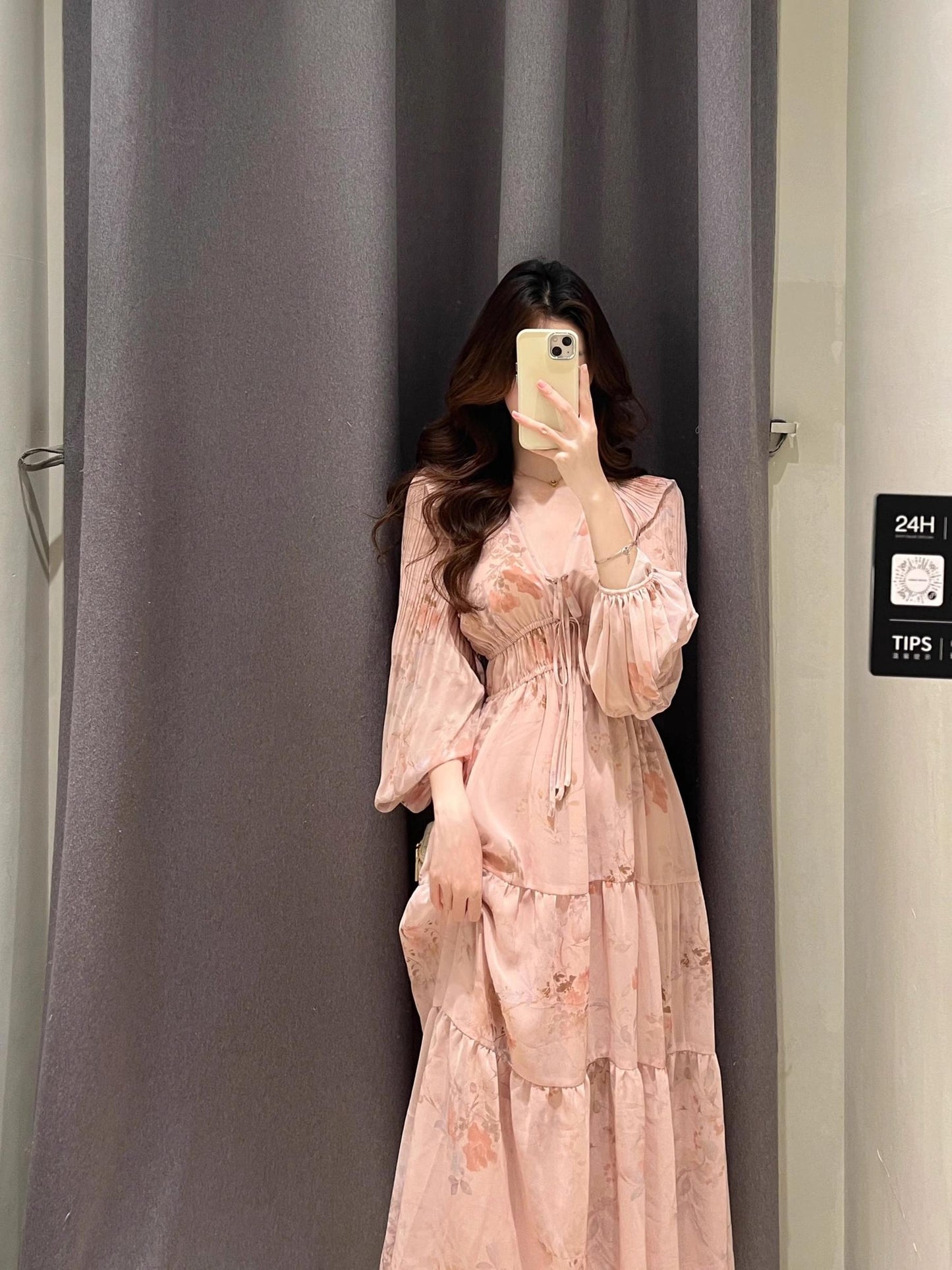 French Pink Long Sleeve Maxi Dress _ V-neck Fairycore Gown Gunne Sax Dress