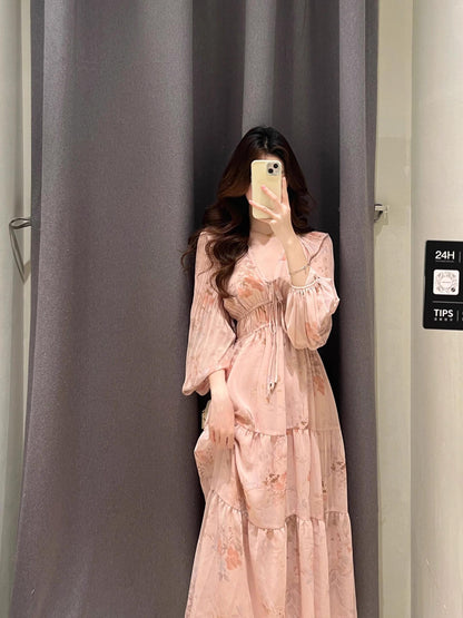French Pink Long Sleeve Maxi Dress _ V-neck Fairycore Gown Gunne Sax Dress
