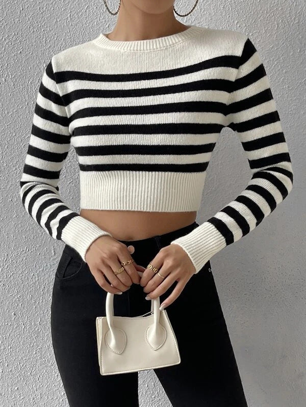 Striped Cropped Crewneck Knit Sweater