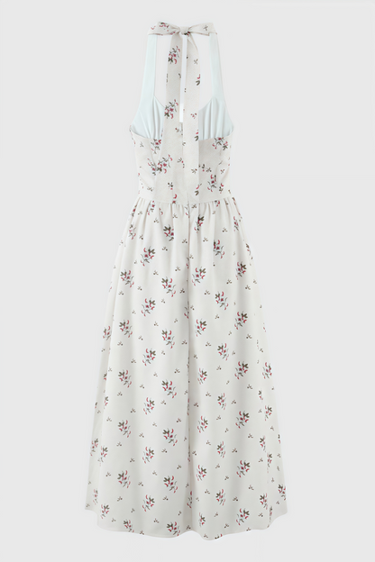 Zinnia Print Stretch Cotton Halter Neck Midi Dress