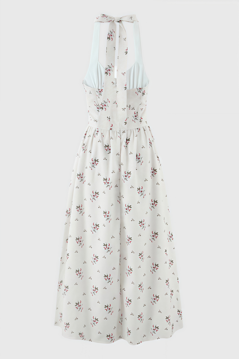 Zinnia Print Stretch Cotton Halter Neck Midi Dress