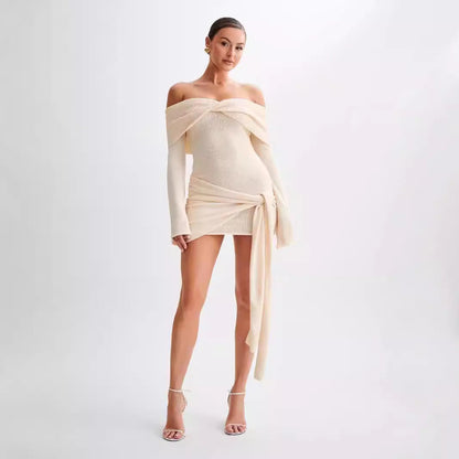 Sidony - Waist Knot Off-shoulder Knitted Mini Dress