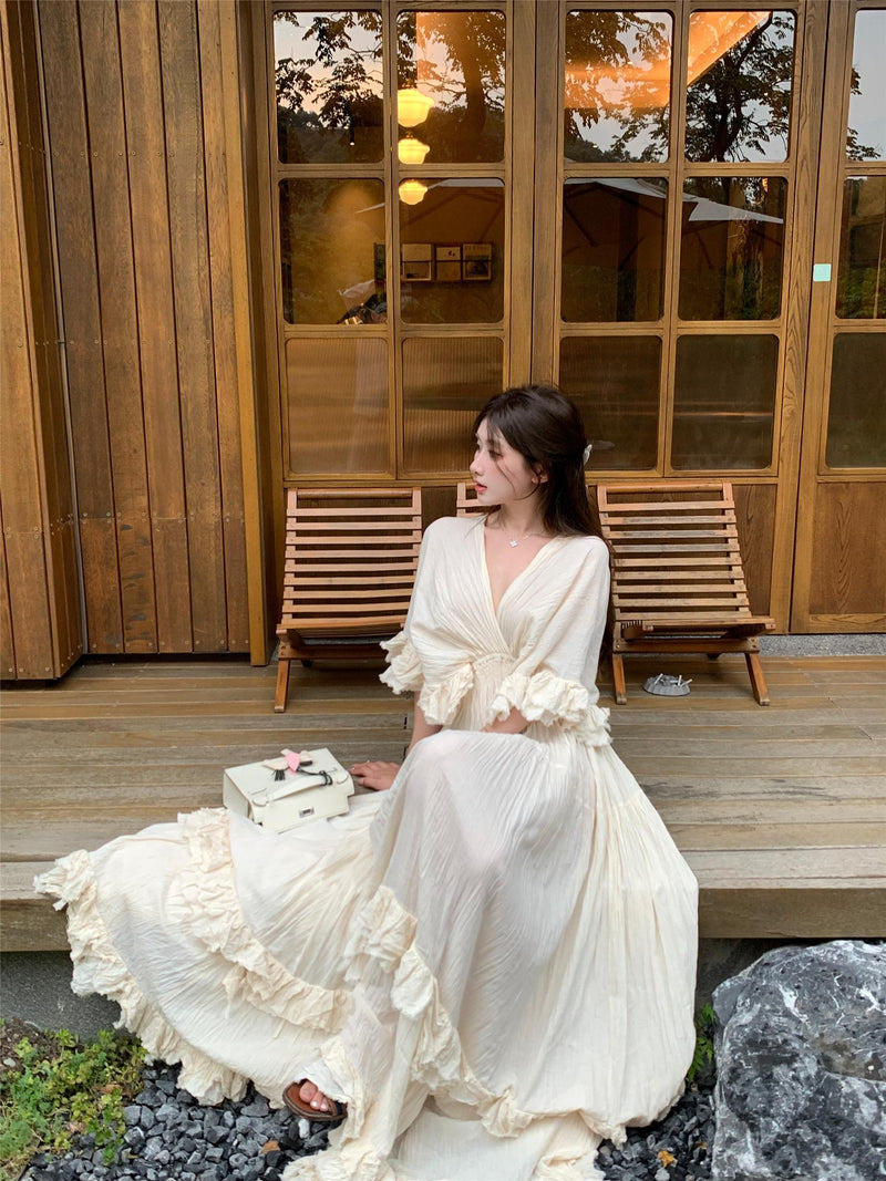 Tailande Linen Maxi Dress _ V-neck Ruffle Goddess Gown With 10-meter Full Hem