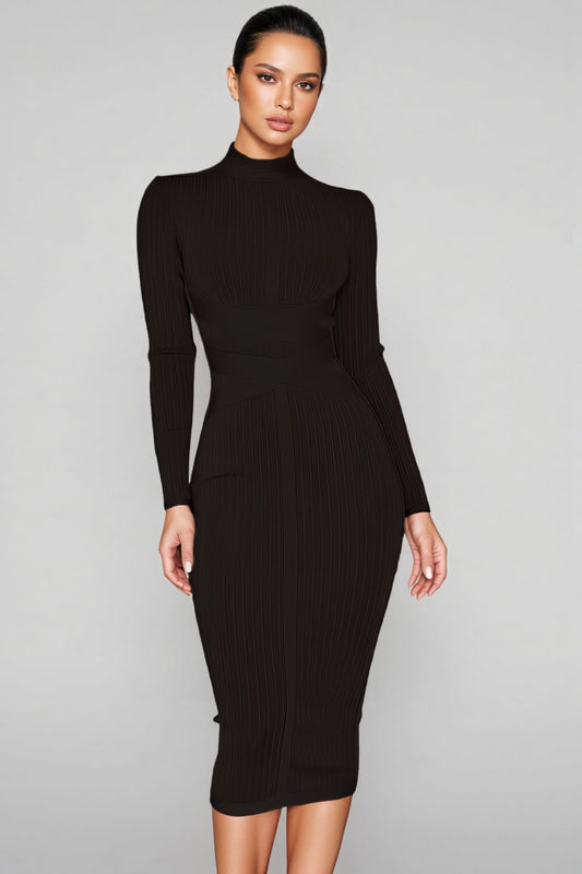Elira Colour Stand Collar Midi Dress-black