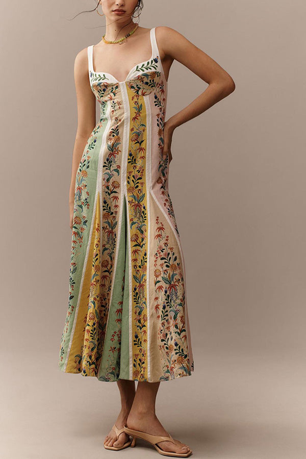 Sweet Garden Linen Blend Color Block Paneled Maxi Dress