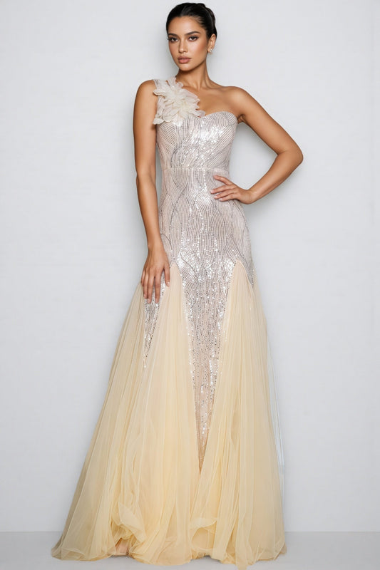 Trevt Single Shoulder Sequined Slit Maxi Dress