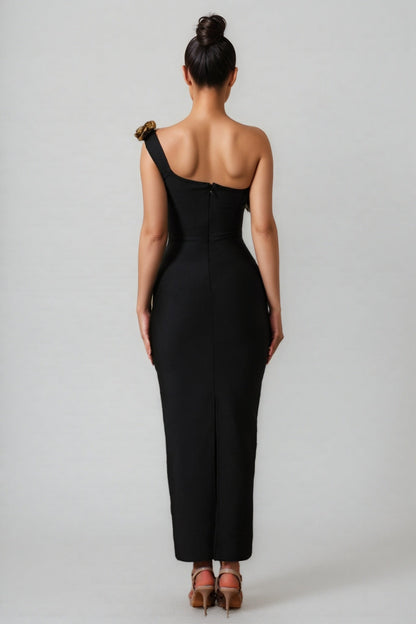 Omi One Shoulder Flowers Bandage Midi Dress