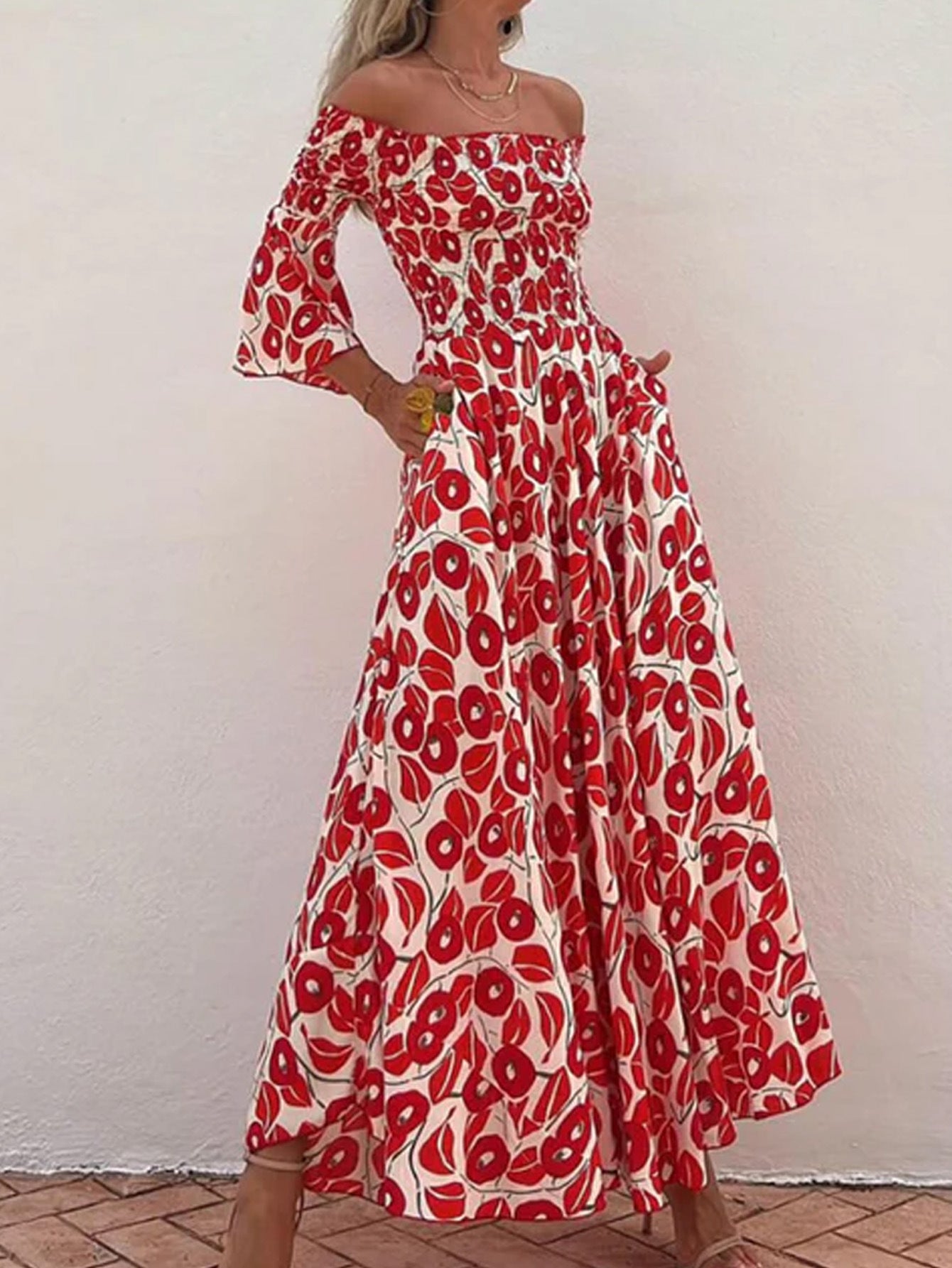 ' Vacation Flower Street Printed Off Shoulder Waist Pocket Long Dress