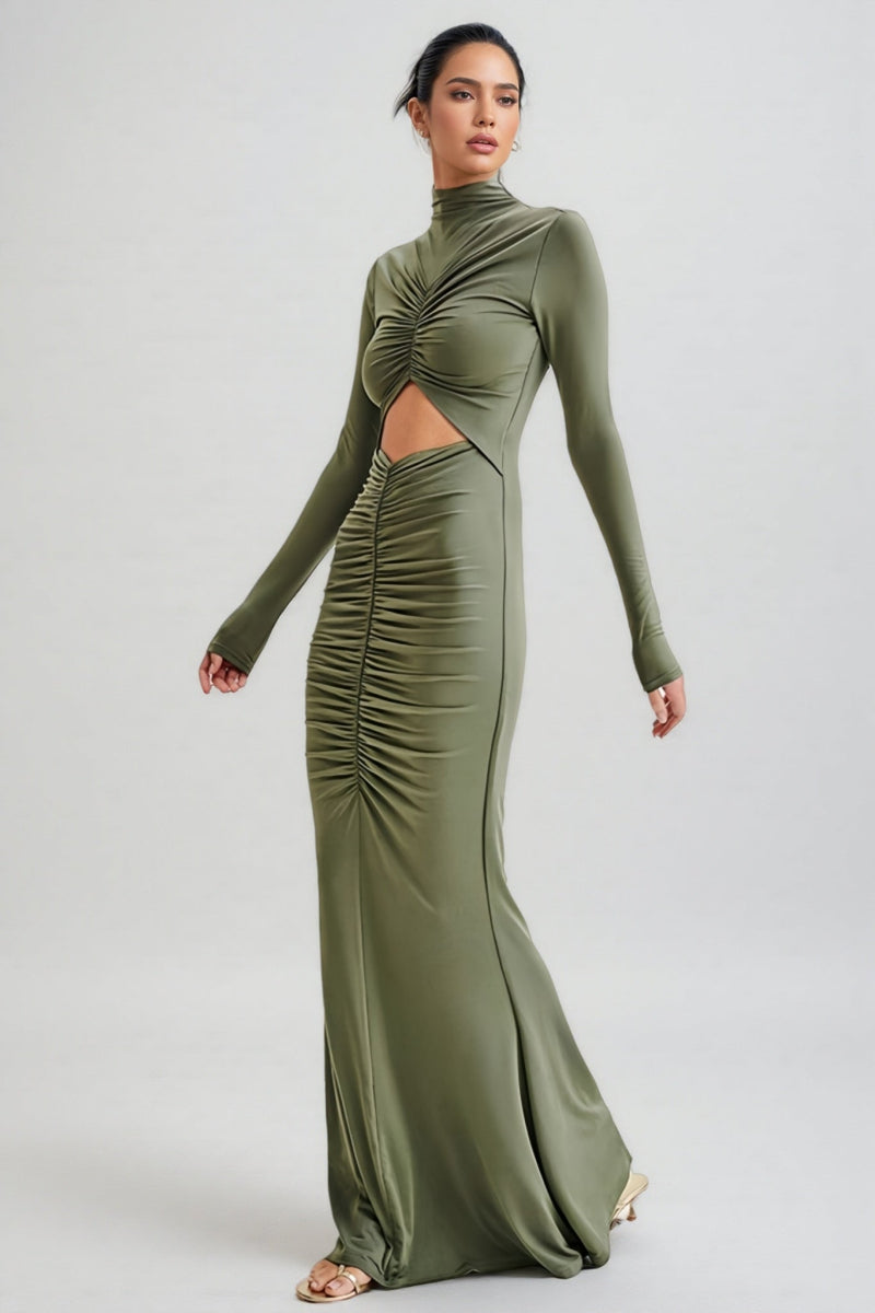 Tona Army Green Cutout Pleated Maxi Dress