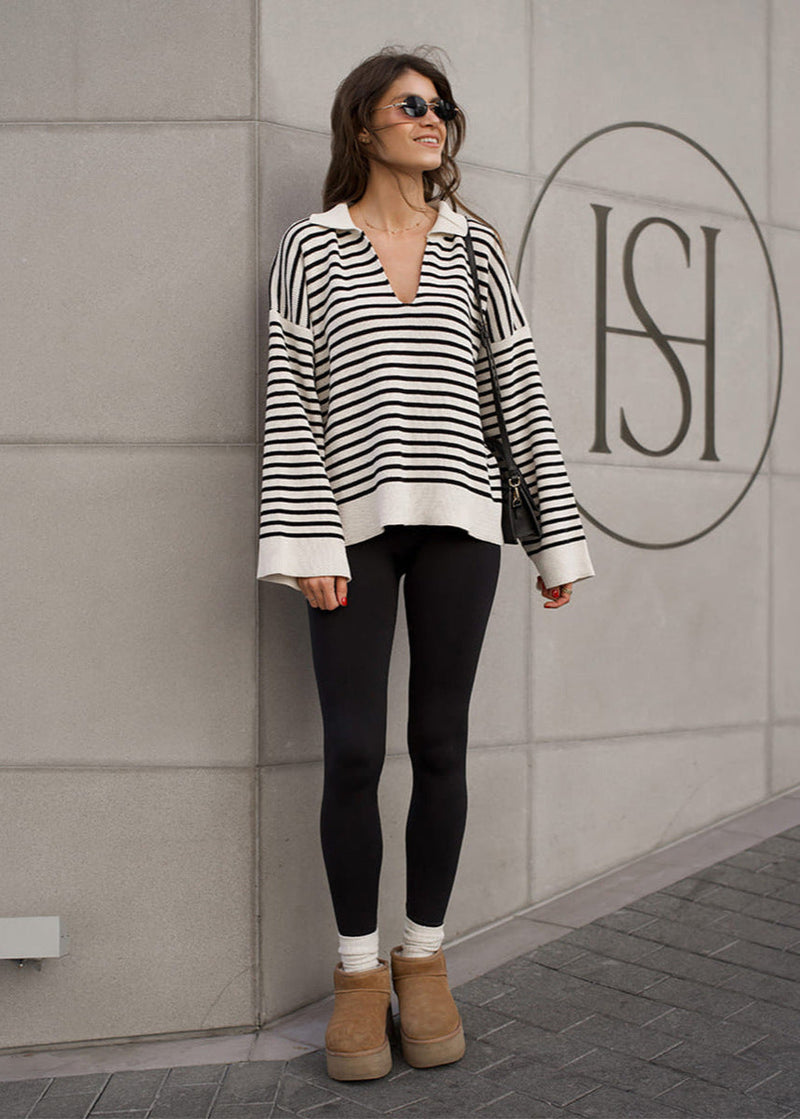 Mariner – Striped V-neck Knit Sweater With Wide Sleeves