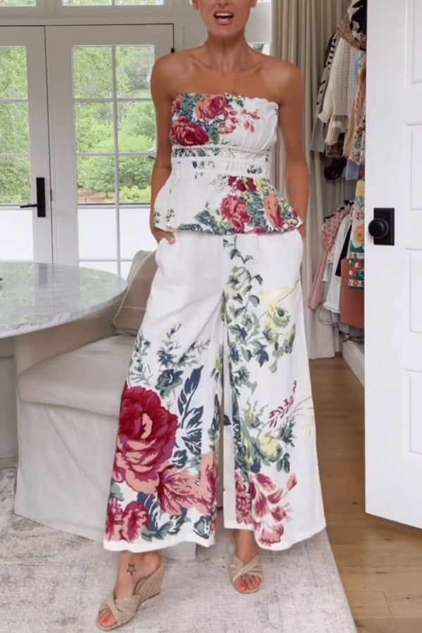 In to the Summer Linen Blend Print Elastic Bandeau and Elastic Waist Pocket Loose Pants Set