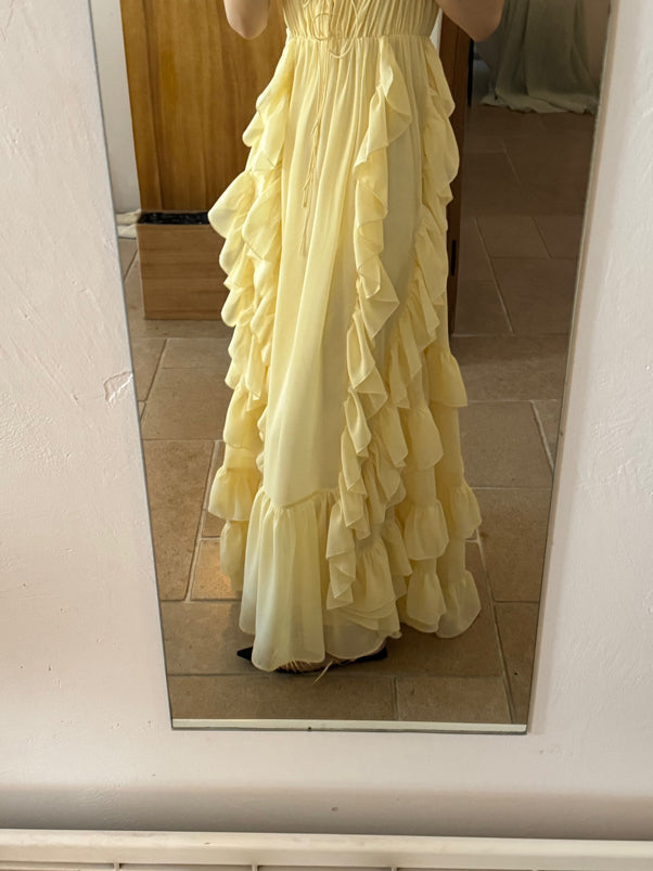 Sunset Ruffle Asymmetrical Maxi Dress _ Romantic Flowy Vacation Look Gunne Sax Dress