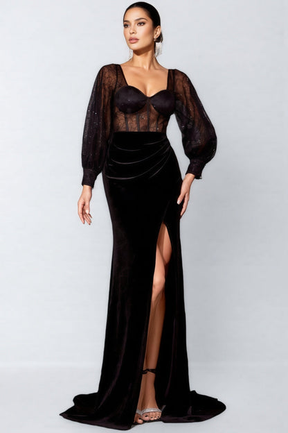 Sarka Black Mesh Slit Maxi Dress