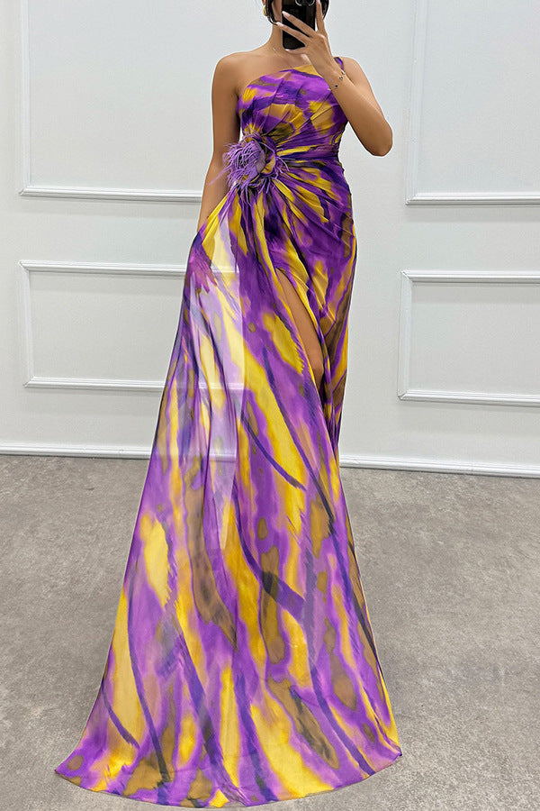 Fairy Watercolor Design Printed Feather Rose Details Off Shoulder Folded Open Skirt