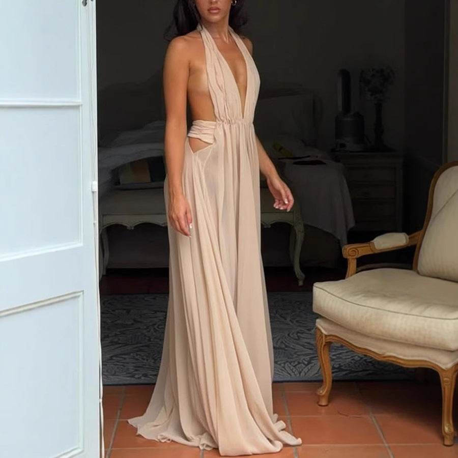 Ethereal Moment Tulle Cutout Ruched Waist Backless Halter Maxi Dress