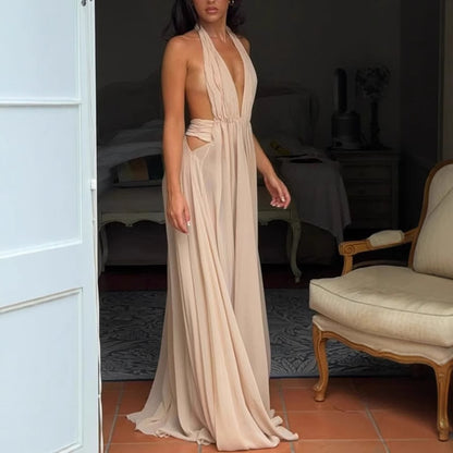 Ethereal Moment Tulle Cutout Ruched Waist Backless Halter Maxi Dress