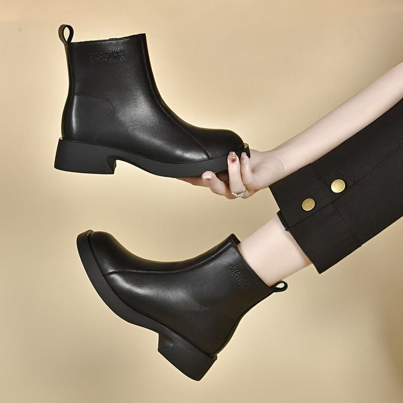 Martin Simple Flat Short Cowhide Round Boots