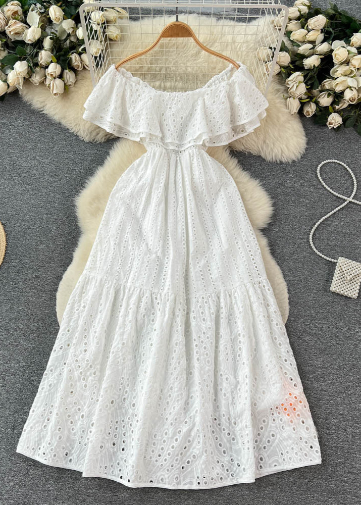Lunara Eyelet Off-shoulder Dress – White Ruffle Midi